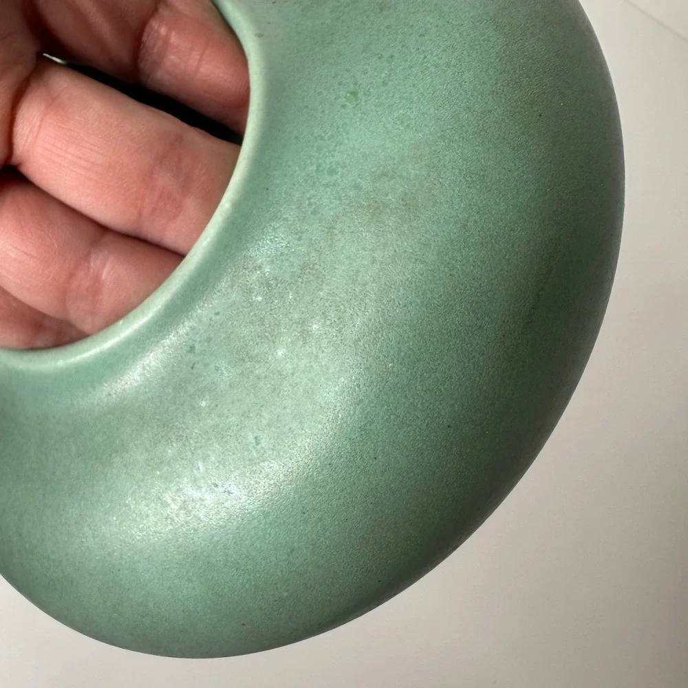 2 Art‎ Pottery Matte Green Low Profile Round Vases MCM Style Unmarked 2
